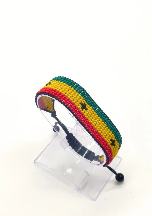 Senegal flag bracelet handcrafted in authentic flag colors on Black Stand.