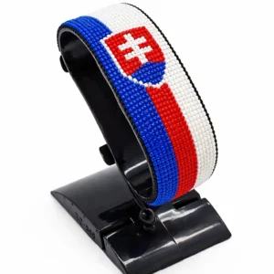 Handcrafted Slovekia flag bracelet made with red and white beads, adjustable beaded wrist accessory, displayed on a black stand