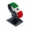 Handcrafted Somaliland flag bracelet made with red and white beads, adjustable beaded wrist accessory, displayed on a black stand