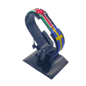 Sweden flag bracelet handcrafted in authentic flag colors on Black Stand.