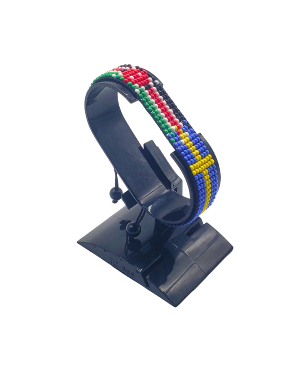 Sweden flag bracelet handcrafted in authentic flag colors on Black Stand.