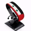 Handcrafted Syria flag bracelet made with red and white beads, adjustable beaded wrist accessory, displayed on a black stand