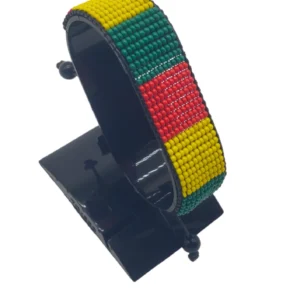 Handcrafted Togo flag bracelet with Name, adjustable beaded wrist accessory, displayed on a black stand.