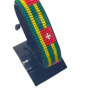 Handcrafted Togo flag bracelet with Name, adjustable beaded wrist accessory, displayed on a Clear stand.