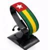 Handcrafted Togo flag bracelet with Name, adjustable beaded wrist accessory, displayed on a Black stand.