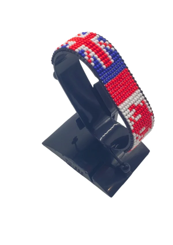Canada UK flag bracelet handcrafted in authentic flag colors on Black Stand.