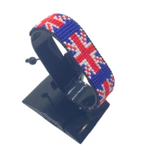 UK flag bracelet handcrafted in authentic flag colors on Black Stand.