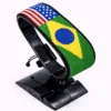 Handcrafted USA BRAZIL Combo flag bracelet made with red and white beads, adjustable beaded wrist accessory, displayed on a Black stand.