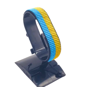 Ukraine flag bracelet handcrafted in authentic flag colors on Black Stand.