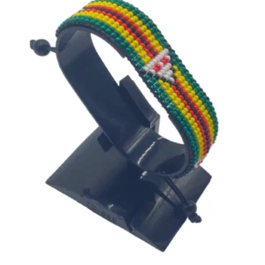 Handcrafted Zimbabwe flag bracelet made with green, yellow, red, black, and white beads, adjustable beaded wrist accessory, displayed on a black stand.