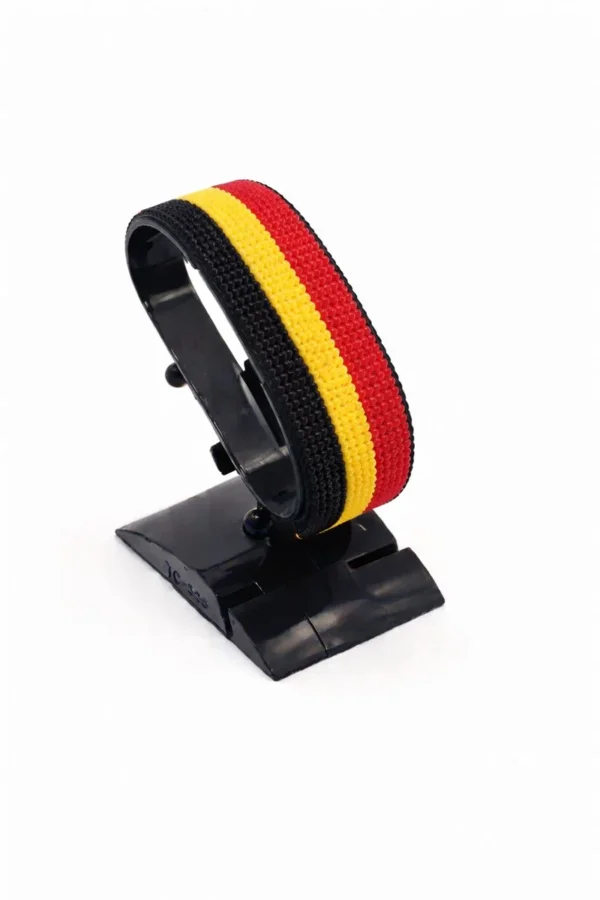 Belgium flag bracelet handcrafted in authentic flag colors on Black Stand.