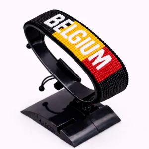 Belgium flag bracelet handcrafted in authentic flag colors on Black Stand.