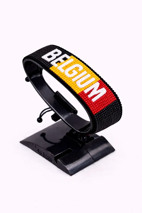 Belgium flag bracelet handcrafted in authentic flag colors on Black Stand.