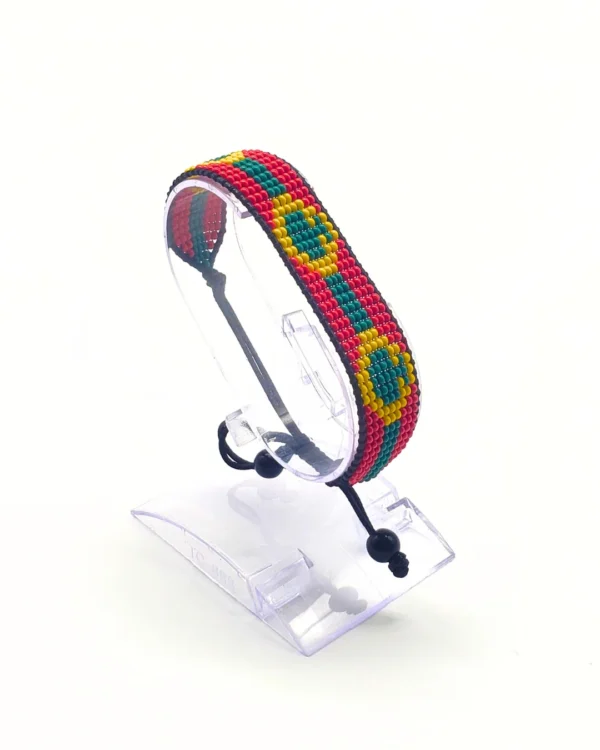Bolivia flag bracelet handcrafted in authentic flag colors on Clear Stand.