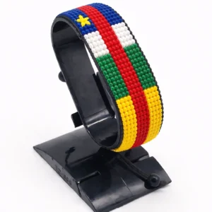 Central African Republic flag bracelet handcrafted in authentic flag colors on Black Stand.
