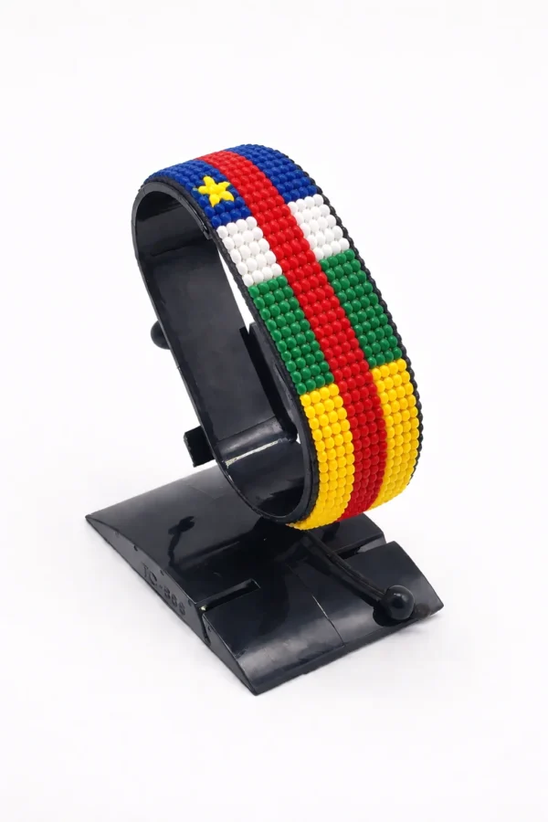 Central African Republic flag bracelet handcrafted in authentic flag colors on Black Stand.