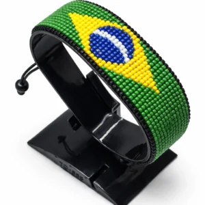 Brazil flag bracelet handcrafted in authentic flag colors on Black Stand.