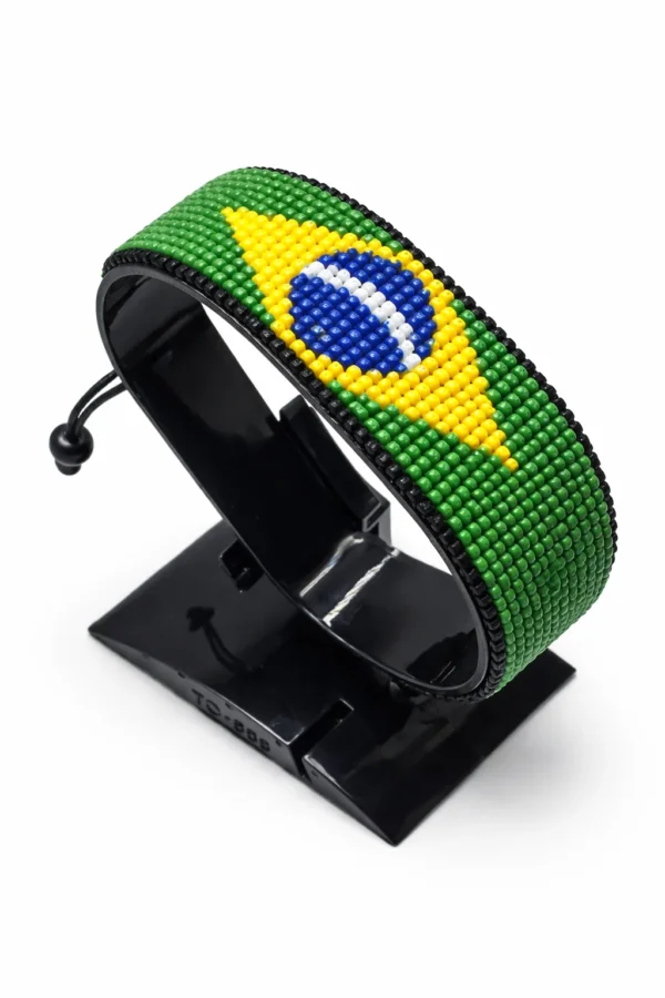 Brazil flag bracelet handcrafted in authentic flag colors on Black Stand.