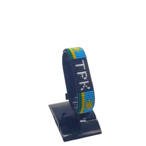 Rwanda flag bracelet handcrafted in authentic flag colors on Black Stand.