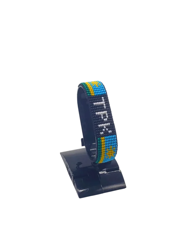 Rwanda flag bracelet handcrafted in authentic flag colors on Black Stand.