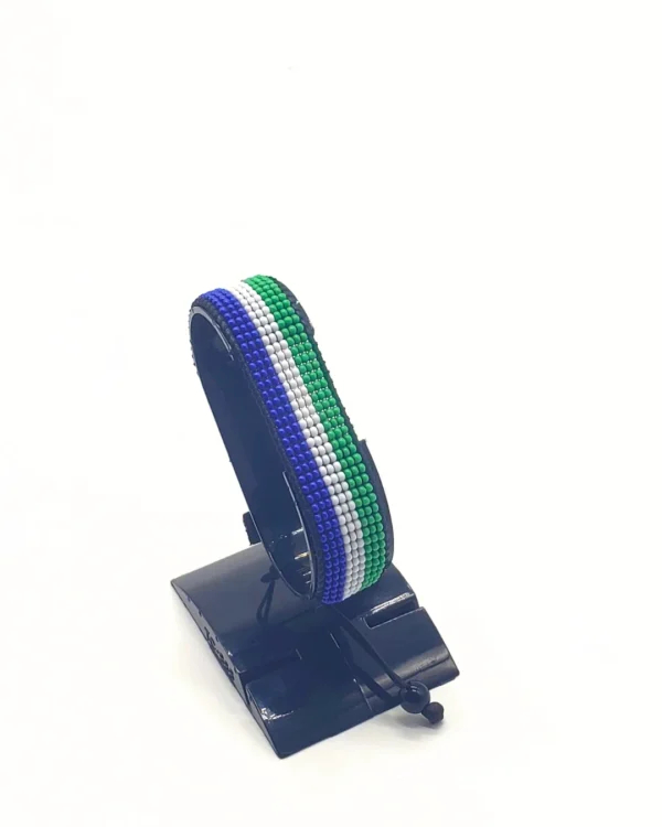 Sierra Leone flag bracelet handcrafted in authentic flag colors on Black Stand.