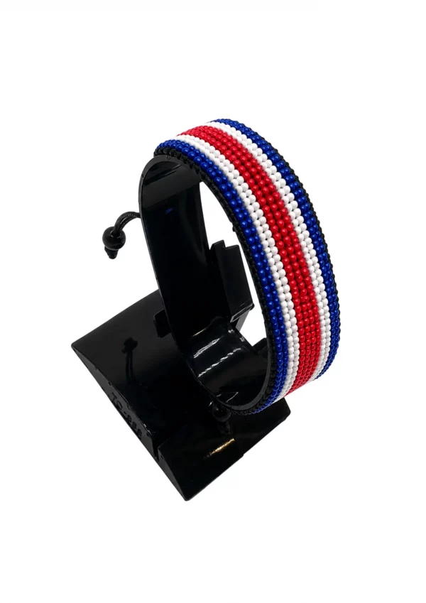 Costa Rica Flag Bracelet Adjustable handcrafted with beadwork in the colors of the Costa Rica flag.