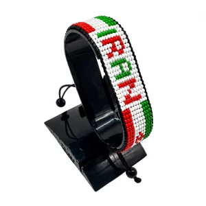 Iran Flag Bracelet With Name Adjustable handcrafted with beadwork in the colors of the Iran flag featuring the name IRAN.