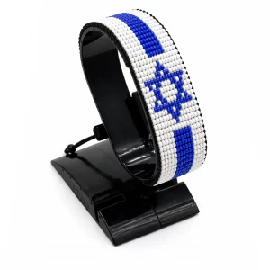 Israel Flag Bracelet Adjustable handcrafted with beadwork in the colors of the Israel flag.