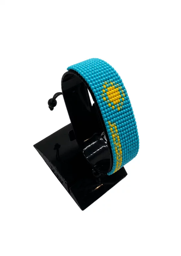 Kazakhstan Flag Bracelet Adjustable handcrafted with beadwork in the colors of the Kazakhstan flag.