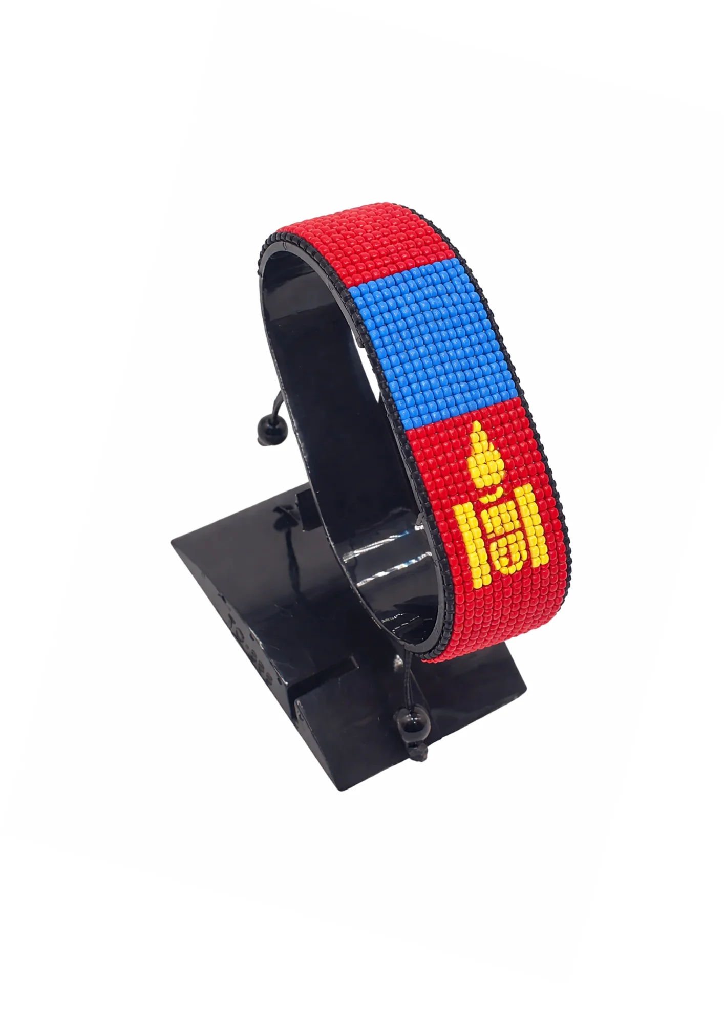 Mongolia Flag Bracelet Adjustable handcrafted with beadwork in the colours of the Mongolia flag.