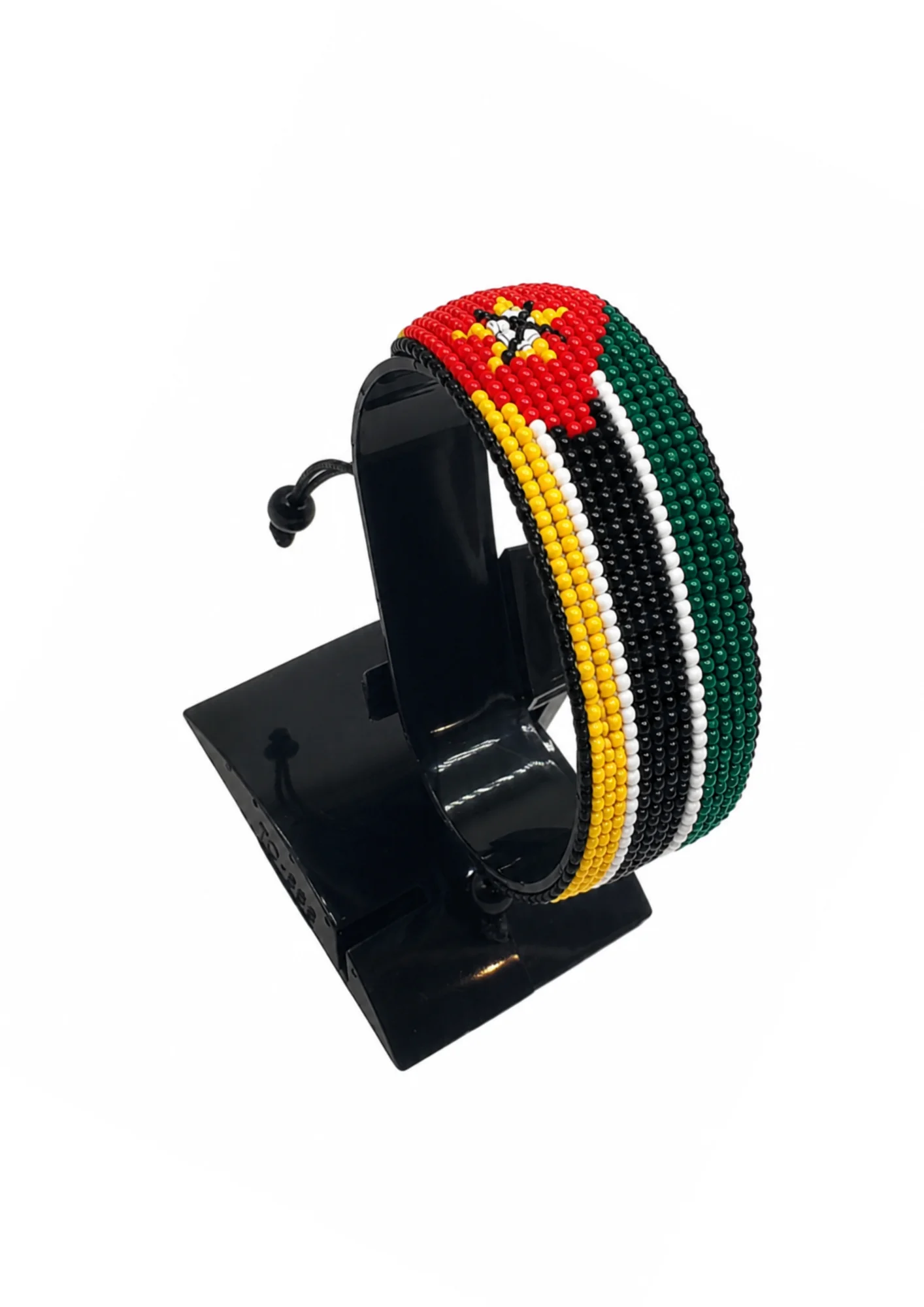 Mozambique Flag Bracelet Adjustable handcrafted with beadwork in the colors of the Mozambique flag.