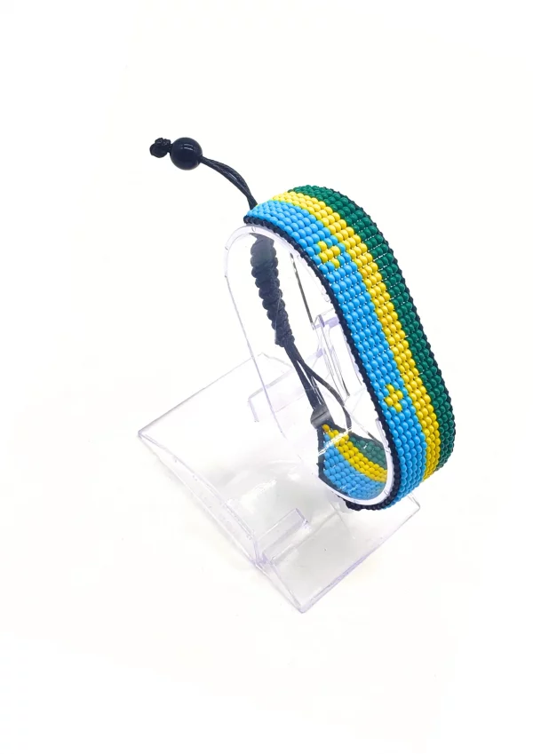 Rwanda Flag Bracelet Adjustable handcrafted with beadwork in the colors of the Rwanda flag.