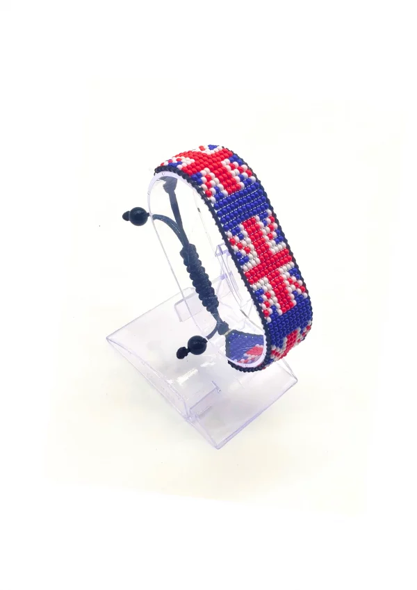 UK Flag Bracelet Adjustable handcrafted with beadwork in the colors of the UK flag.