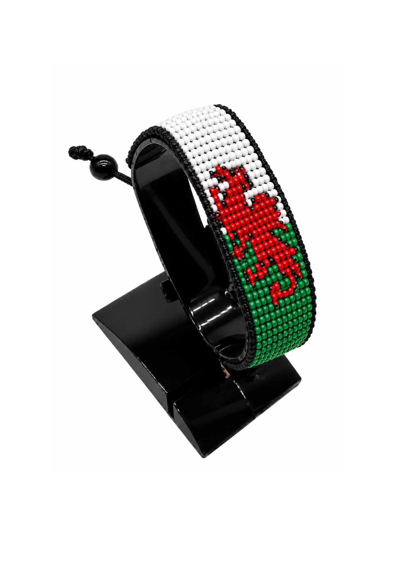 Wales Flag Bracelet Adjustable handcrafted with beadwork in the colours of the Wales flag.