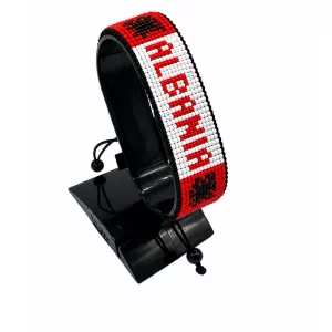 Albania Flag Bracelet With Name Adjustable handcrafted with beadwork in the colors of the Albania flag and the name "Albania".