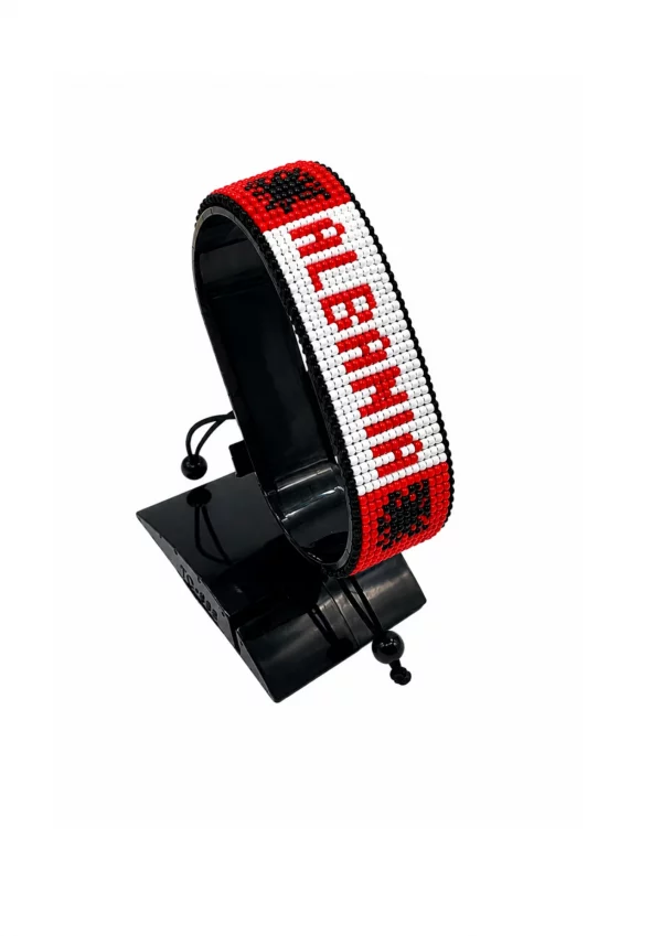 Albania Flag Bracelet With Name Adjustable handcrafted with beadwork in the colors of the Albania flag and the name "Albania".