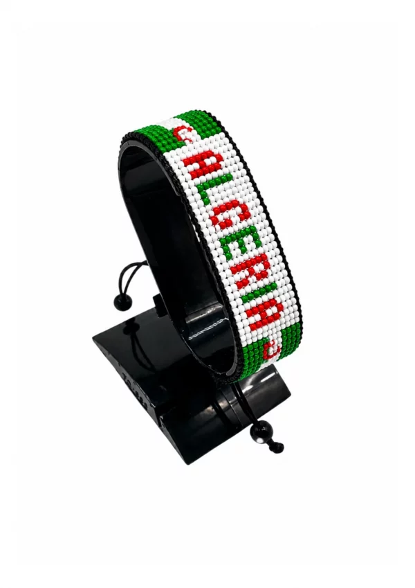 Algeria Flag Bracelet With Name Adjustable handcrafted with beadwork in the colors of the Algeria flag and the name "Algeria"