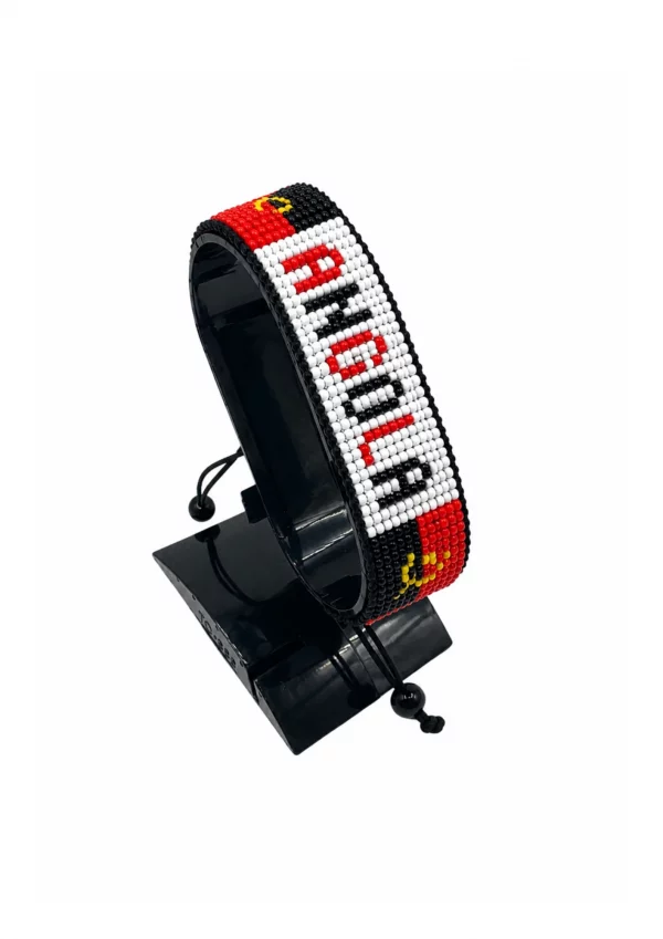 Angola Flag Bracelet With Name Adjustable handcrafted with beadwork in the colors of the Angola flag and the name "Angola".