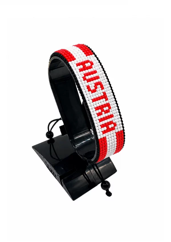 Austria Flag Bracelet With Name Adjustable handcrafted with beadwork in the colors of the Austria flag and the name "Austria".