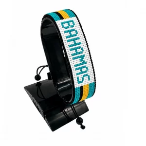Bahamas Flag Bracelet With Name Adjustable handcrafted with beadwork in the colors of the Bahamas flag and the name "Bahamas".