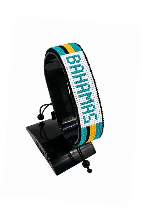 Bahamas Flag Bracelet With Name Adjustable handcrafted with beadwork in the colors of the Bahamas flag and the name "Bahamas".