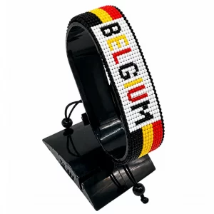 Belgium Flag Bracelet With Name Adjustable handcrafted with beadwork in the colors of the Belgium flag and the name "Belgium".