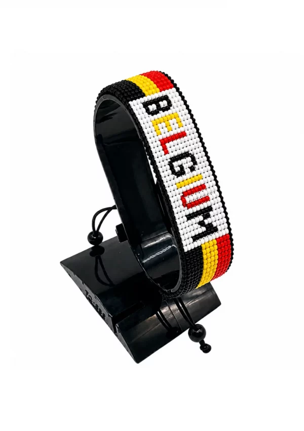 Belgium Flag Bracelet With Name Adjustable handcrafted with beadwork in the colors of the Belgium flag and the name "Belgium".