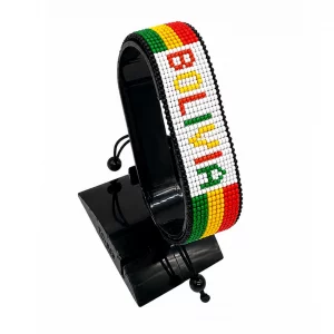 Bolivia Flag Bracelet With Name Adjustable handcrafted with beadwork in the colors of the Bolivia flag and the name "Bolivia".
