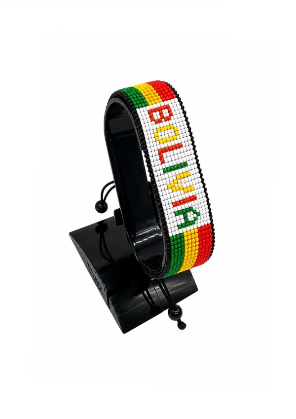 Bolivia Flag Bracelet With Name Adjustable handcrafted with beadwork in the colors of the Bolivia flag and the name "Bolivia".