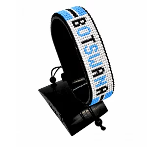 Botswana Flag Bracelet With Name Adjustable handcrafted with beadwork in the colors of the Botswana flag and the name "Botswana".