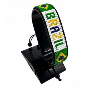 Brazil Flag Bracelet With Name Adjustable handcrafted with beadwork in the colors of the Brazil flag and the name "Brazil".
