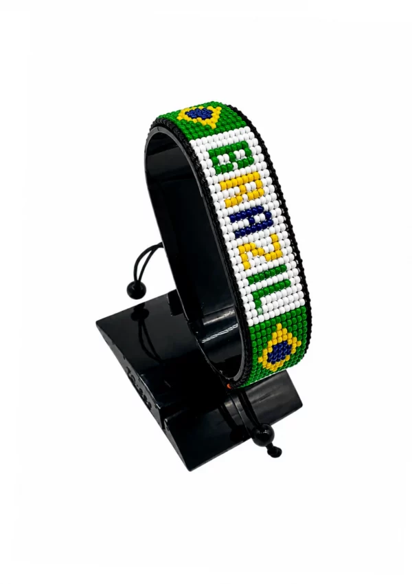 Brazil Flag Bracelet With Name Adjustable handcrafted with beadwork in the colors of the Brazil flag and the name "Brazil".