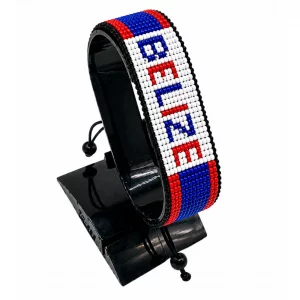 Belize Flag Bracelet With Name Adjustable handcrafted with beadwork in the colors of the Belize flag and the name "Belize".