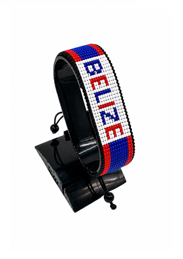 Belize Flag Bracelet With Name Adjustable handcrafted with beadwork in the colors of the Belize flag and the name "Belize".